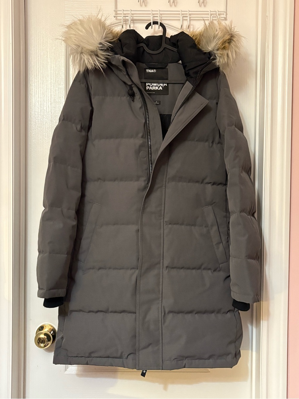 TNA Long Puffer Coat with Faux Fur Trim - Gray